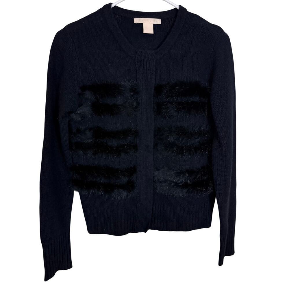 Cashmere Project 100% Cashmere Zip Cardigan Rabbit Fur Trim Black Luxury Sweater